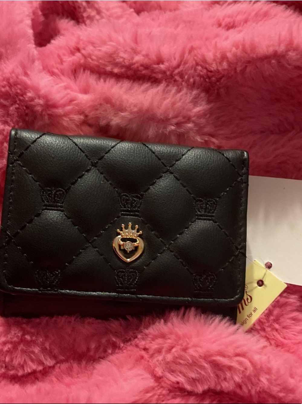 Black Quilted Compact Wallet with Gold Heart Crest